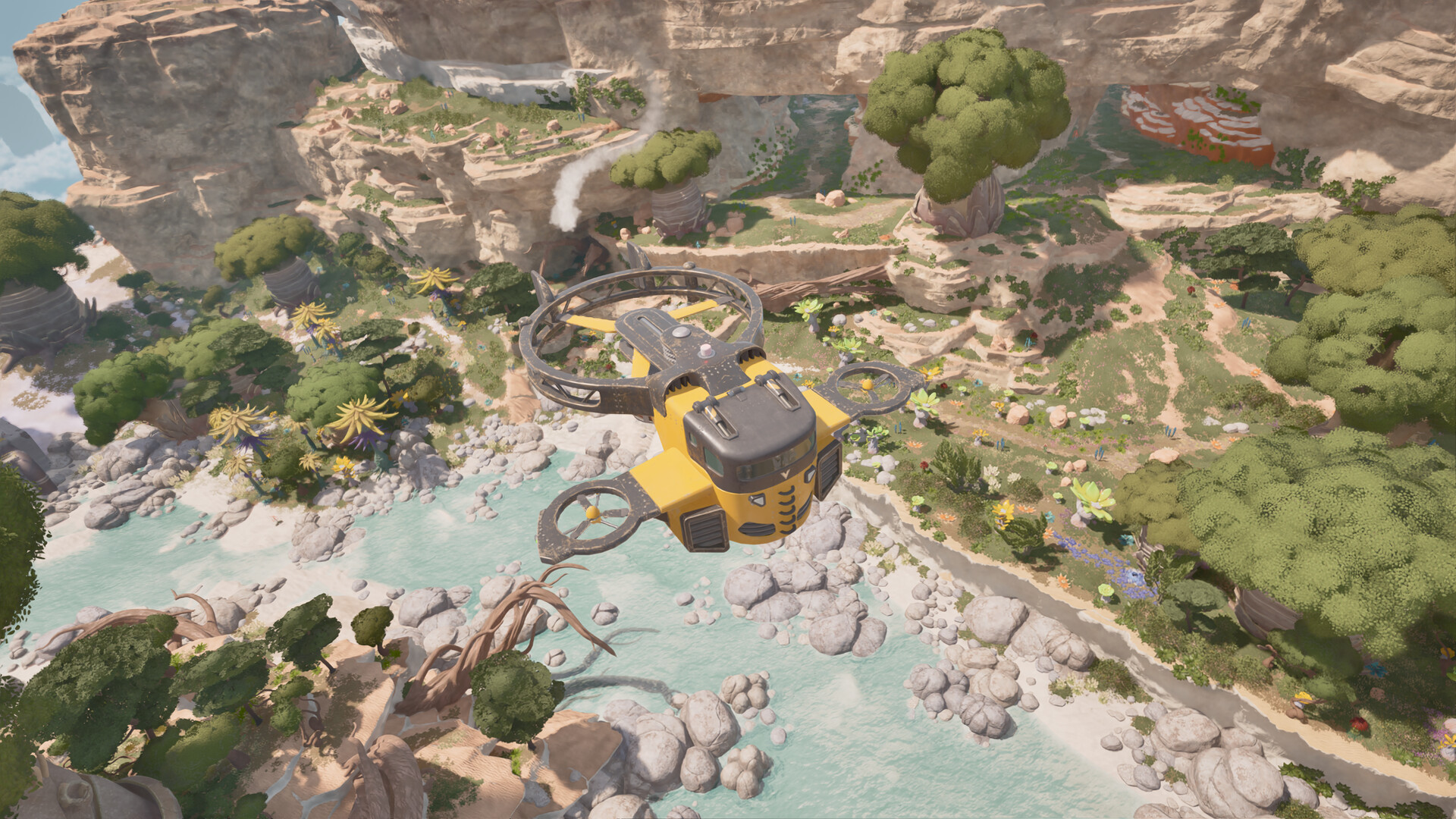 A yellow Wasp flying over an island river